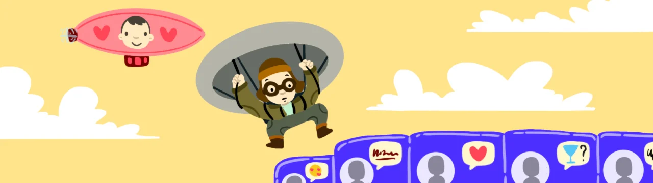 modern flört dünyasında dijital etkileşimler ve birden fazla seçenek arasında kalmayı temsil eden görsel