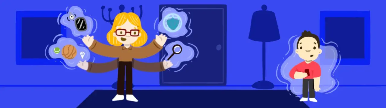 dijital çağda çocuk yetiştirmenin zorluklarını ve teknolojinin çocuk gelişimine etkisini temsil eden görsel