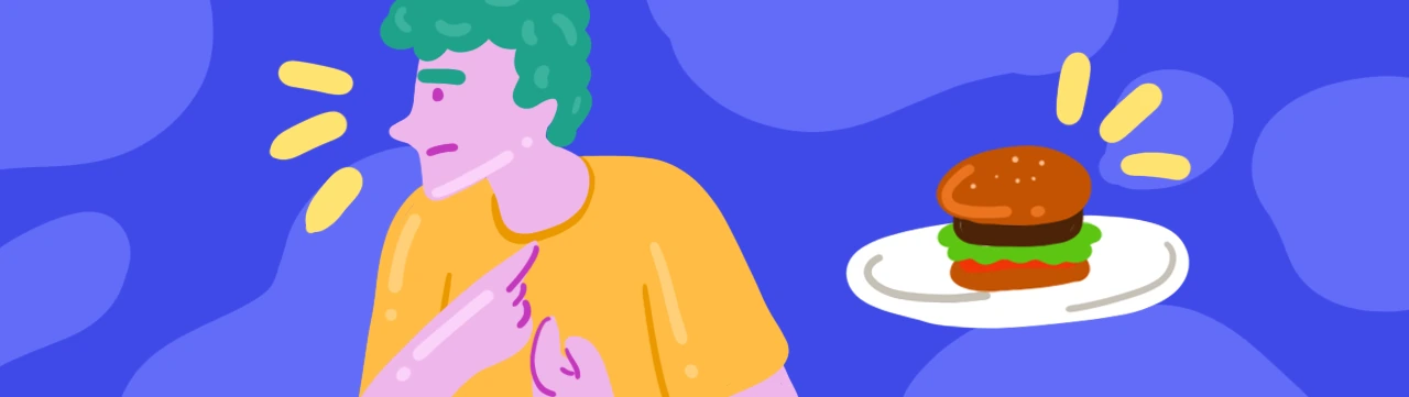An adult male who is punishing himself due to his schemas and not eating a hamburger