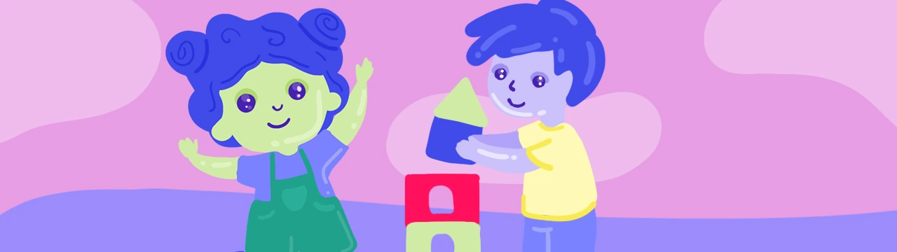an illustration of two children playing with building blocks